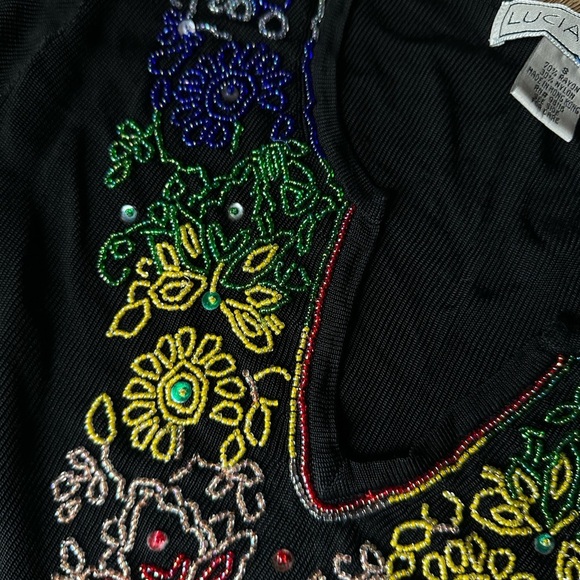 Lucia Burns Y2K Black beaded rainbow floral long sleeve ribbed top. Size small. - Picture 6 of 6
